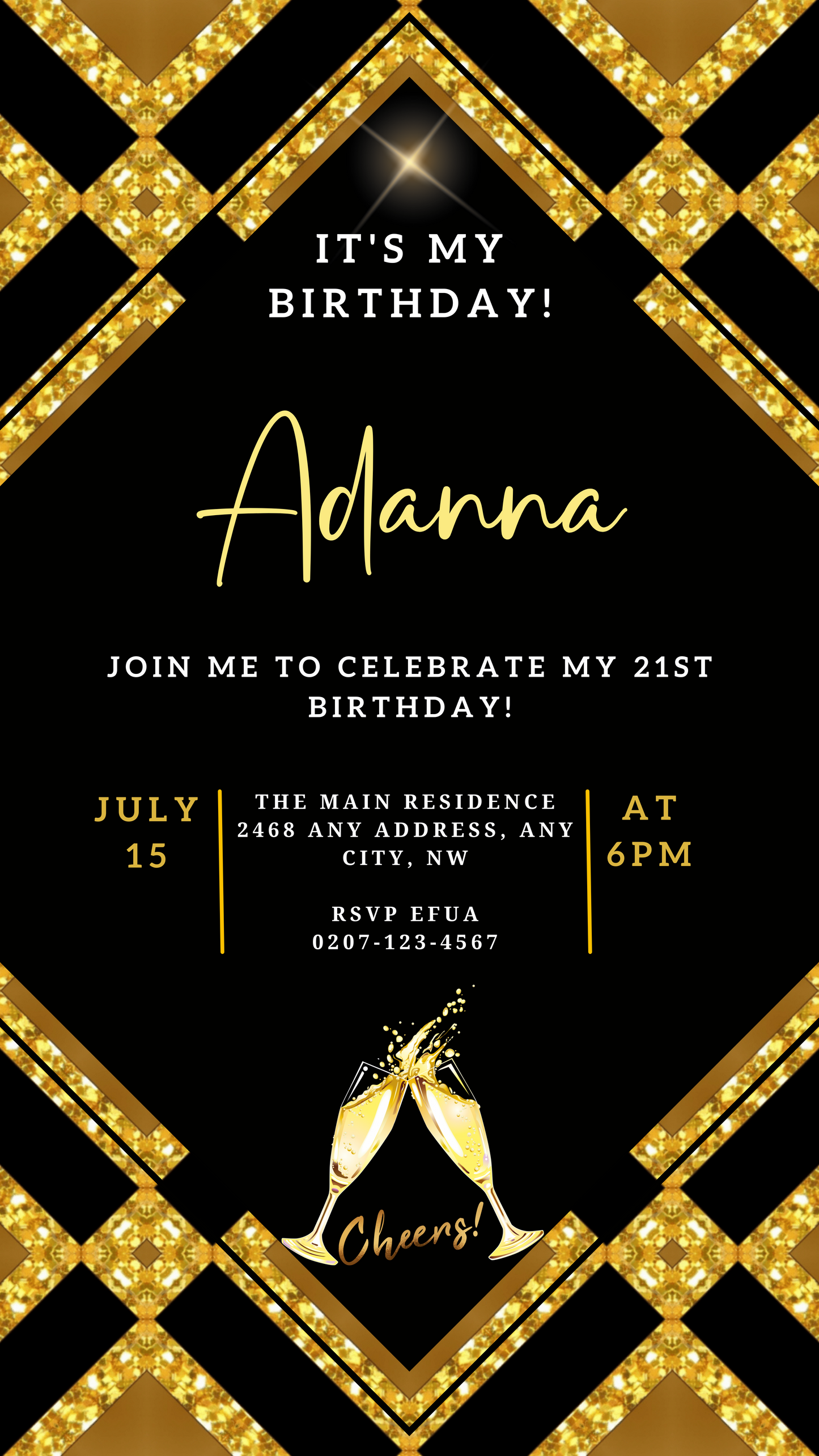 Customizable Gold Black Sparkle Birthday Evite showing elegant black and gold design with text and champagne glasses, editable via Canva for digital invitations.