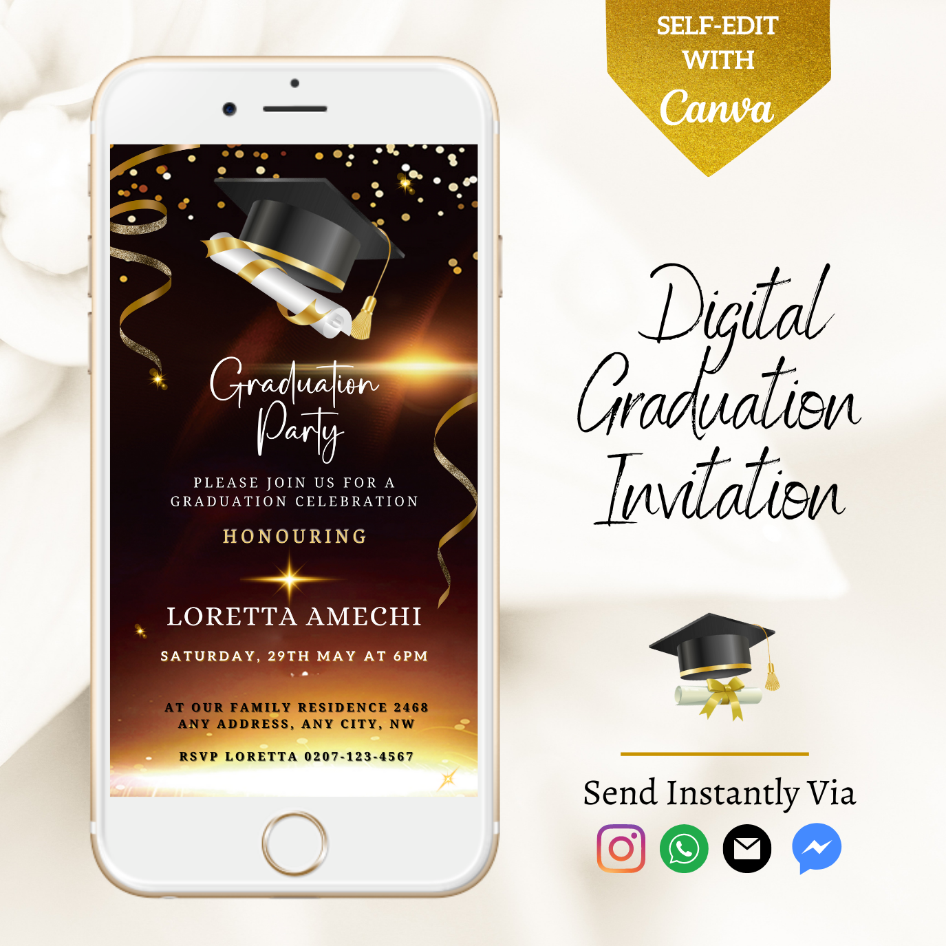 Elegant Brown & Gold Graduation Party Invitation on a smartphone screen, featuring a graduation cap and diploma illustration, customizable via Canva.