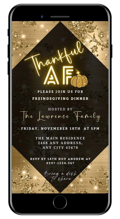 Thankful AF Golden Leaves Diamond Thanksgiving Dinner Evite displayed on a smartphone, alongside a black and gold invitation featuring a pumpkin and editable sections.