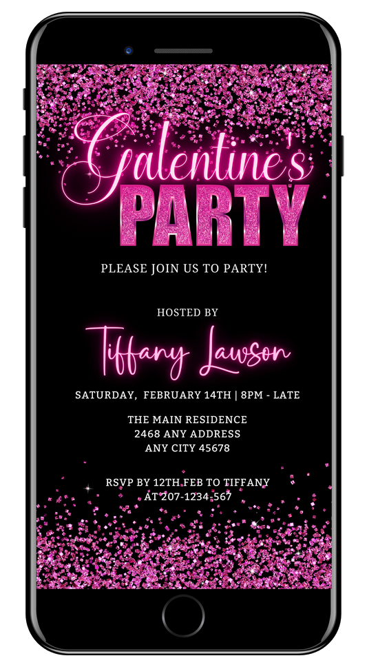 Editable Galentines Neon Pink Confetti digital invitation template with customizable pink text on a black background, ideal for Valentine's parties. Download, personalize, and share electronically.