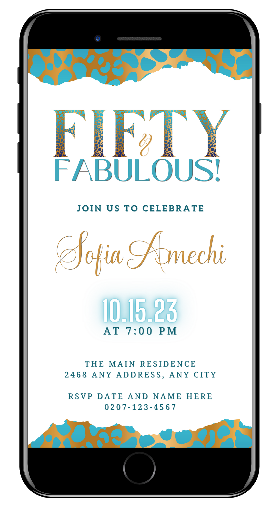Customizable Digital Teal White Gold Cheetah | 50 & Fabulous Party Evite displayed on a smartphone screen with editable text and design elements for personalization.