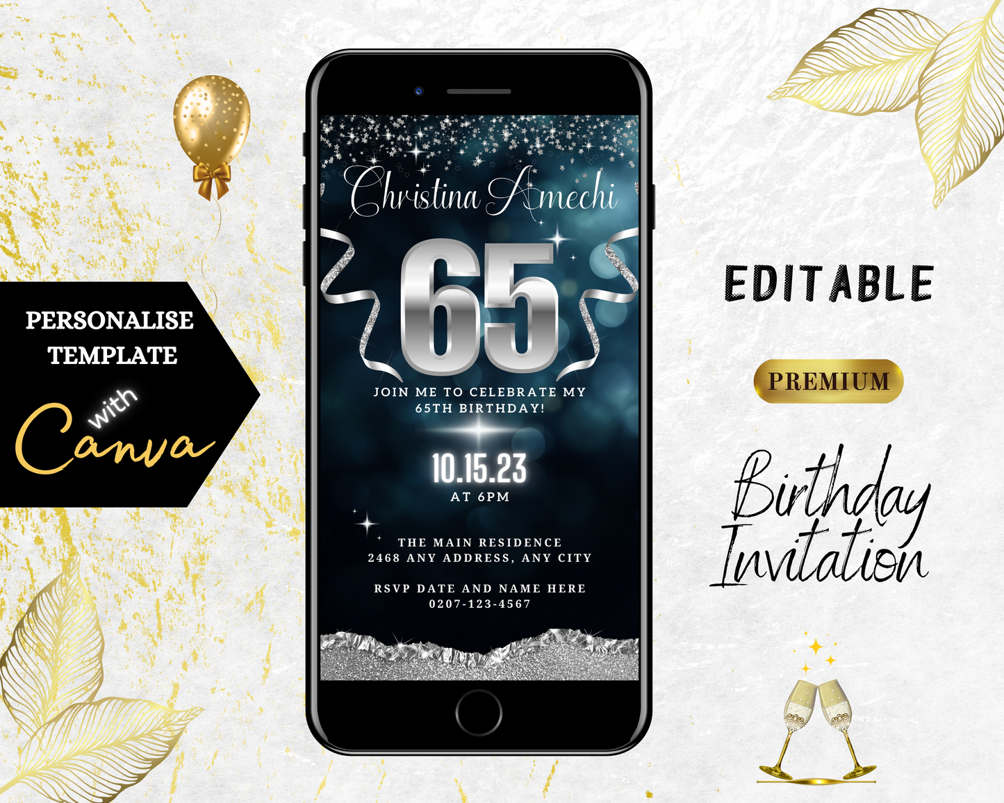 Customizable Navy Blue Silver Glitter 65th Birthday Evite displayed on a smartphone screen, featuring editable text and design elements for easy personalization.