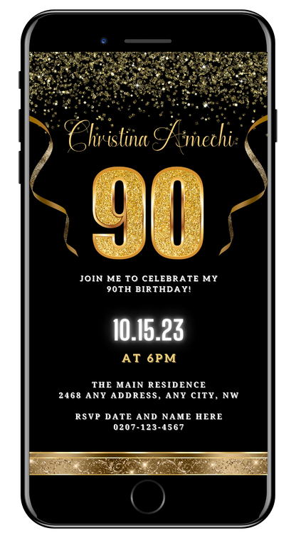 Black Gold Confetti 90th Birthday Evite with customizable text and gold accents, ideal for digital invitations via smartphone.