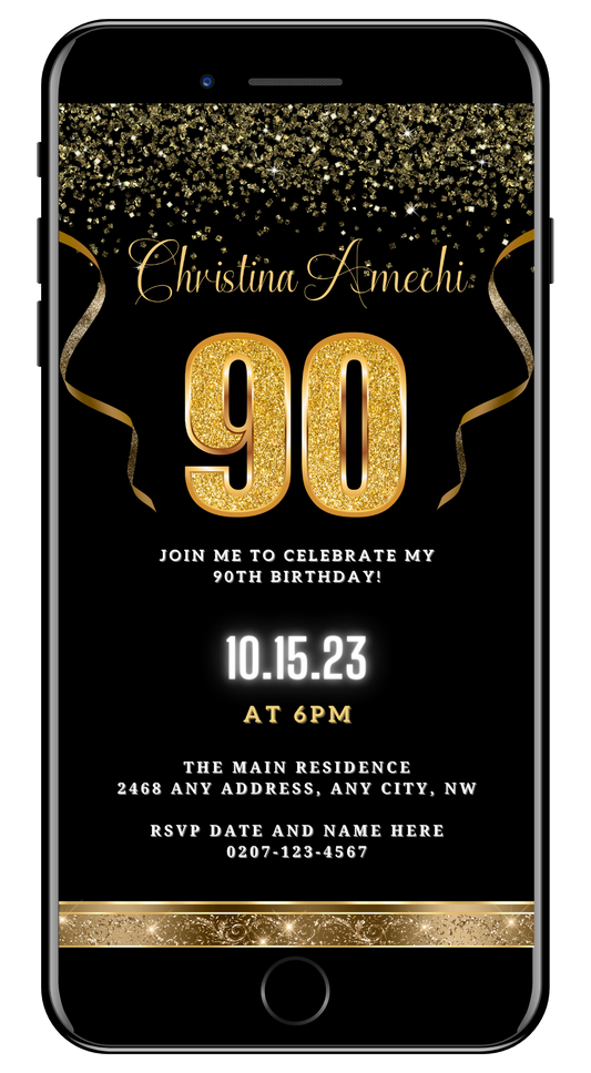 Black Gold Confetti 90th Birthday Evite with customizable text and gold accents, ideal for digital invitations via smartphone.