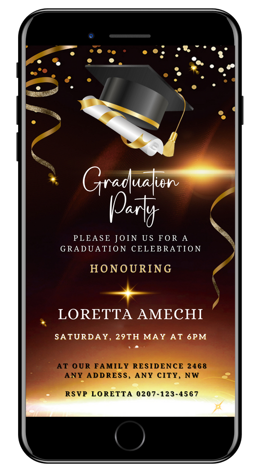 Elegant Brown & Gold Graduation Party Invitation on a mobile screen, featuring a cap and diploma design, customizable via Canva for easy sharing.