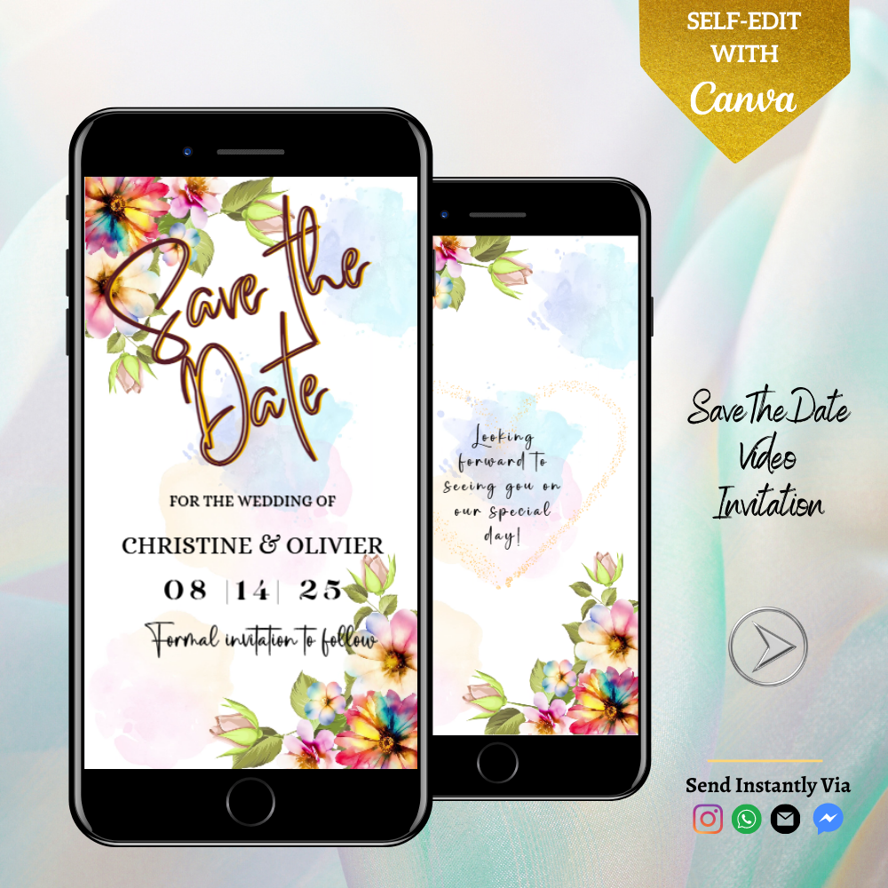 Two smartphones display a customizable Floral White Greenery Save The Date Video Invitation template with flowers on the screens.