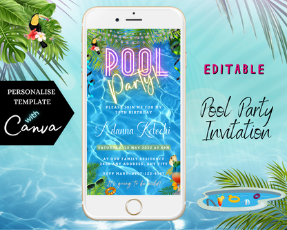 Smartphone displaying a customizable Birthday Pool Party Digital Invite, editable with Canva, featuring event details for electronic sharing via text, email, or messaging apps.