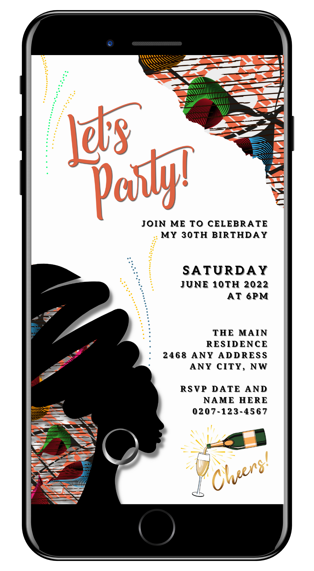 Customizable Digital & Printable Purple Ankara African Woman Silhouette Party Evite displayed on a smartphone, featuring a black silhouette and colorful design elements.