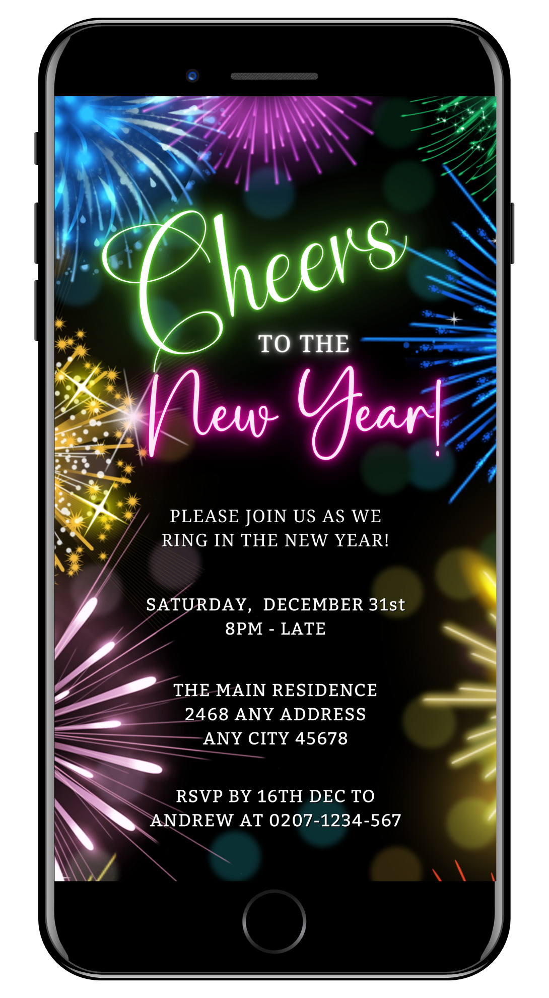 Editable Neon Pink Green Fireworks New Years Eve Party Evite displayed on a smartphone screen with celebratory fireworks and customizable text.