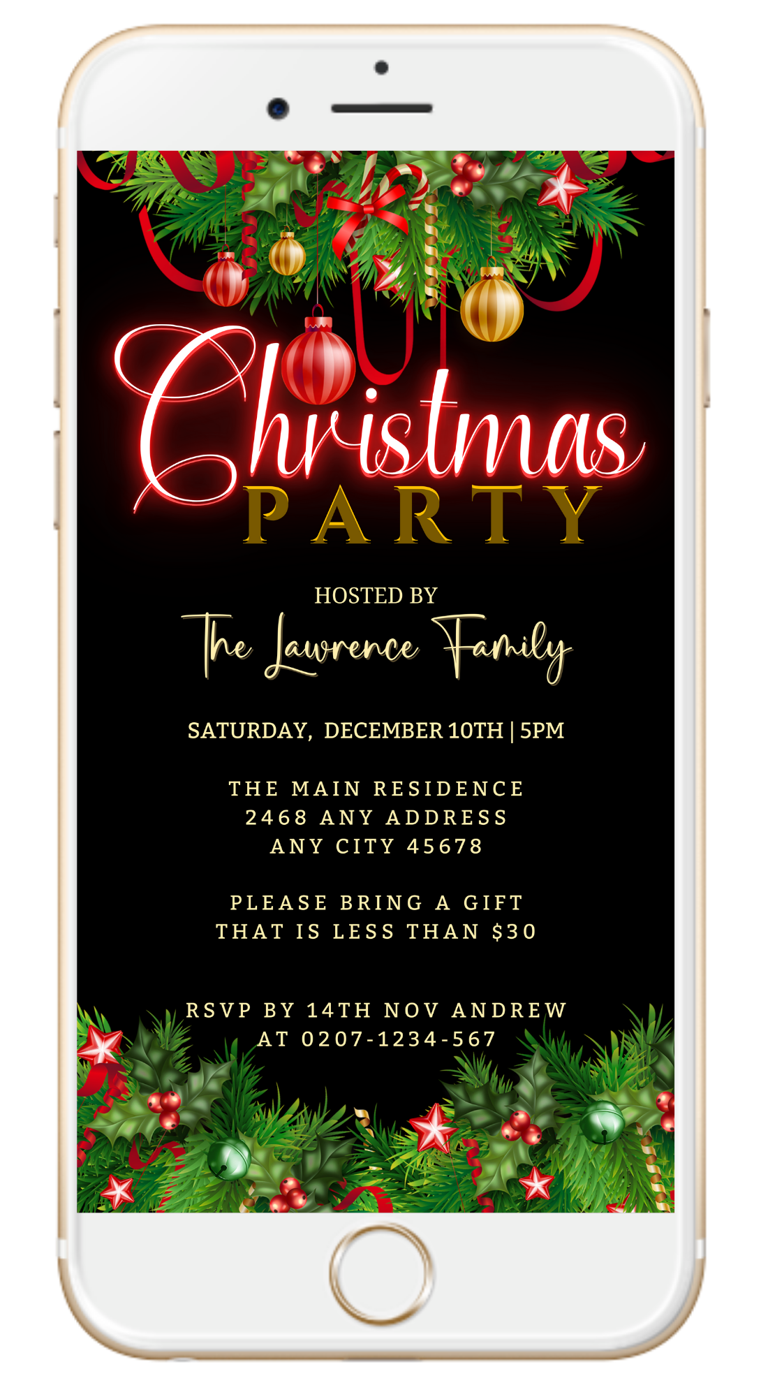 Editable Digital Green Red Neon Ornaments Christmas Party Evite displayed on a smartphone screen, customize via Canva for electronic invitations.