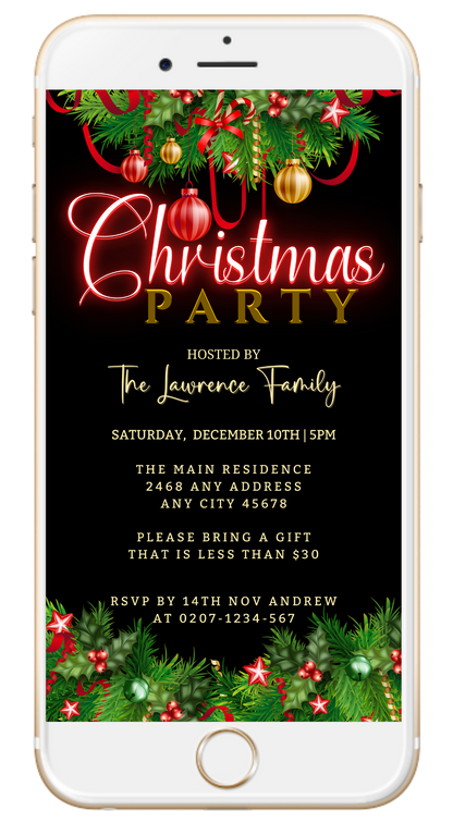 Editable Digital Green Red Neon Ornaments Christmas Party Evite displayed on a smartphone screen, customize via Canva for electronic invitations.