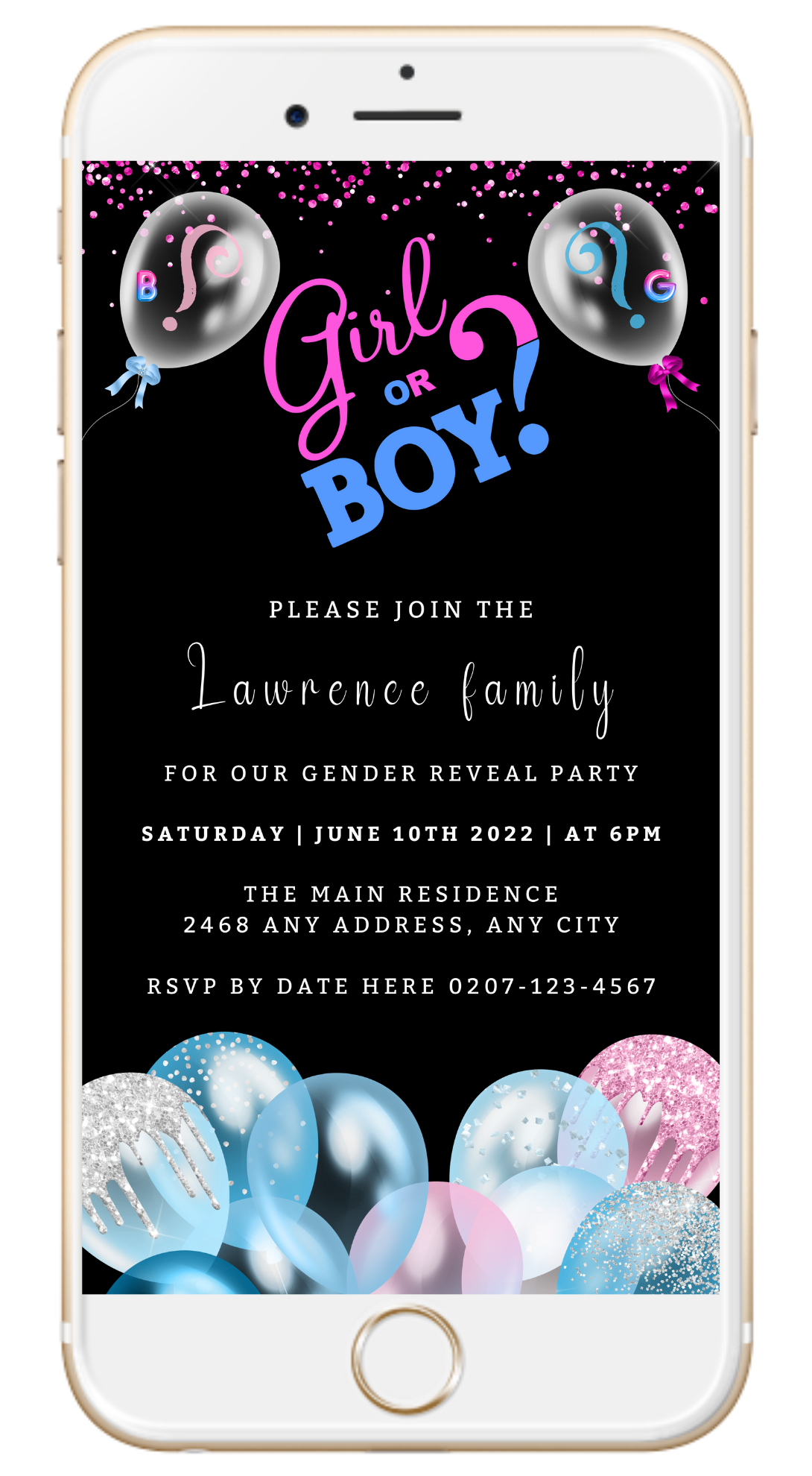 Gender Reveal Evite template on a smartphone screen featuring black, blue, and pink balloons with customizable text for personalizing event details.