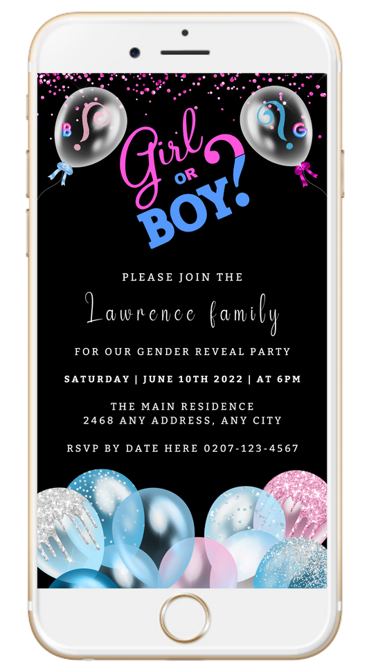 Gender Reveal Evite template on a smartphone screen featuring black, blue, and pink balloons with customizable text for personalizing event details.