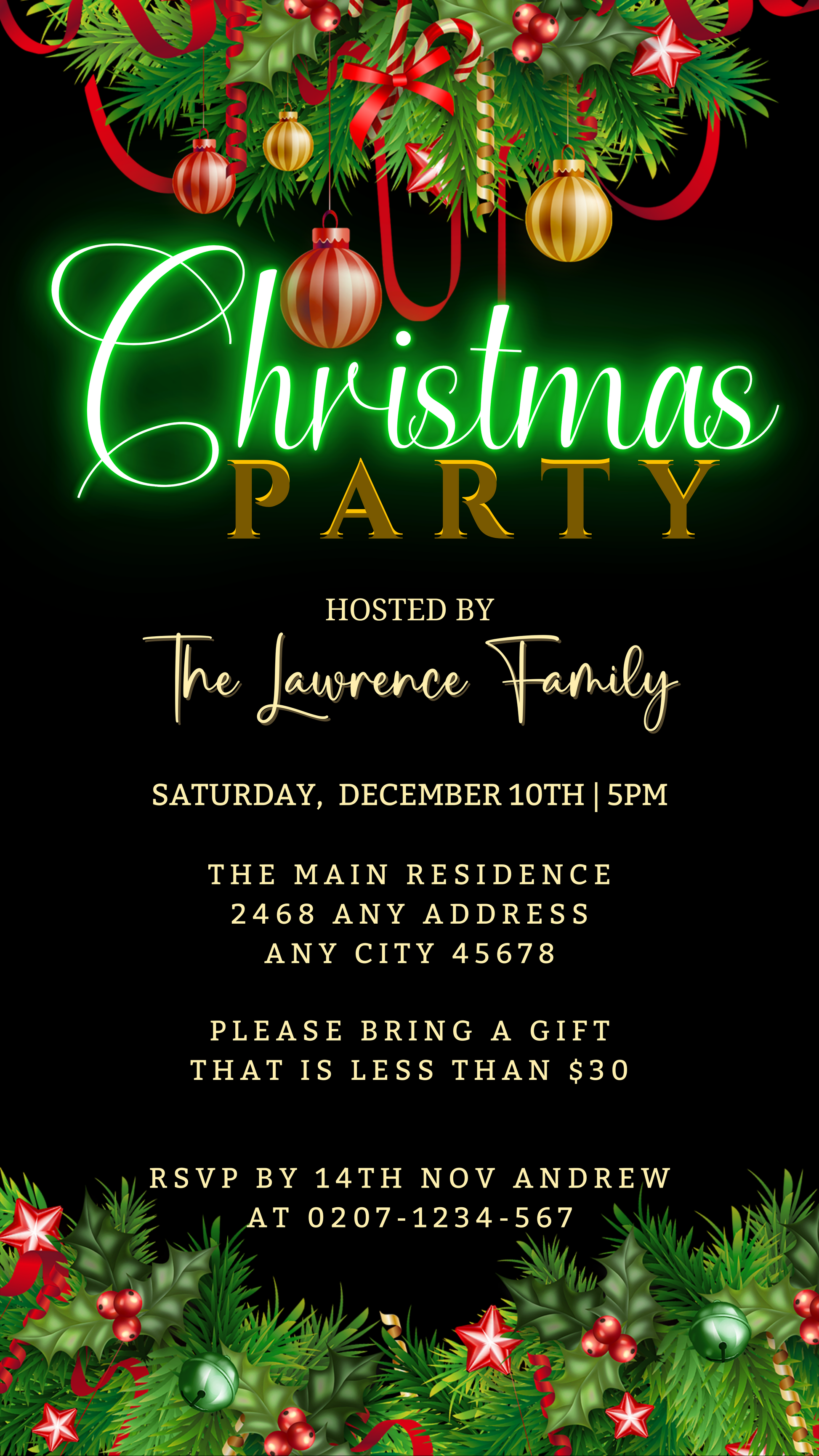 Green Neon Ornaments Border | Christmas Party Evite with black and gold design, editable via Canva for easy personalization and digital sharing.