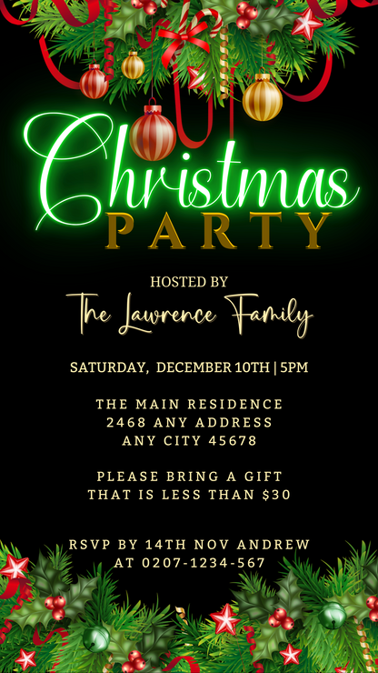Green Neon Ornaments Border | Christmas Party Evite with black and gold design, editable via Canva for easy personalization and digital sharing.