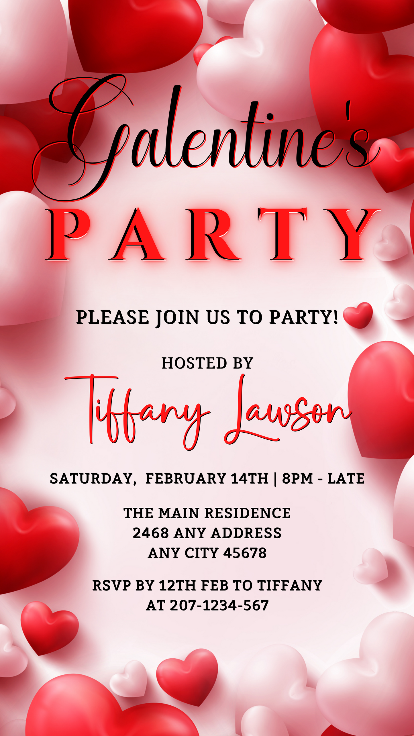 White and red heart-shaped digital invitation for Galentine's Party, customizable with Canva. Download, personalize, and send via text, email, or messaging apps.