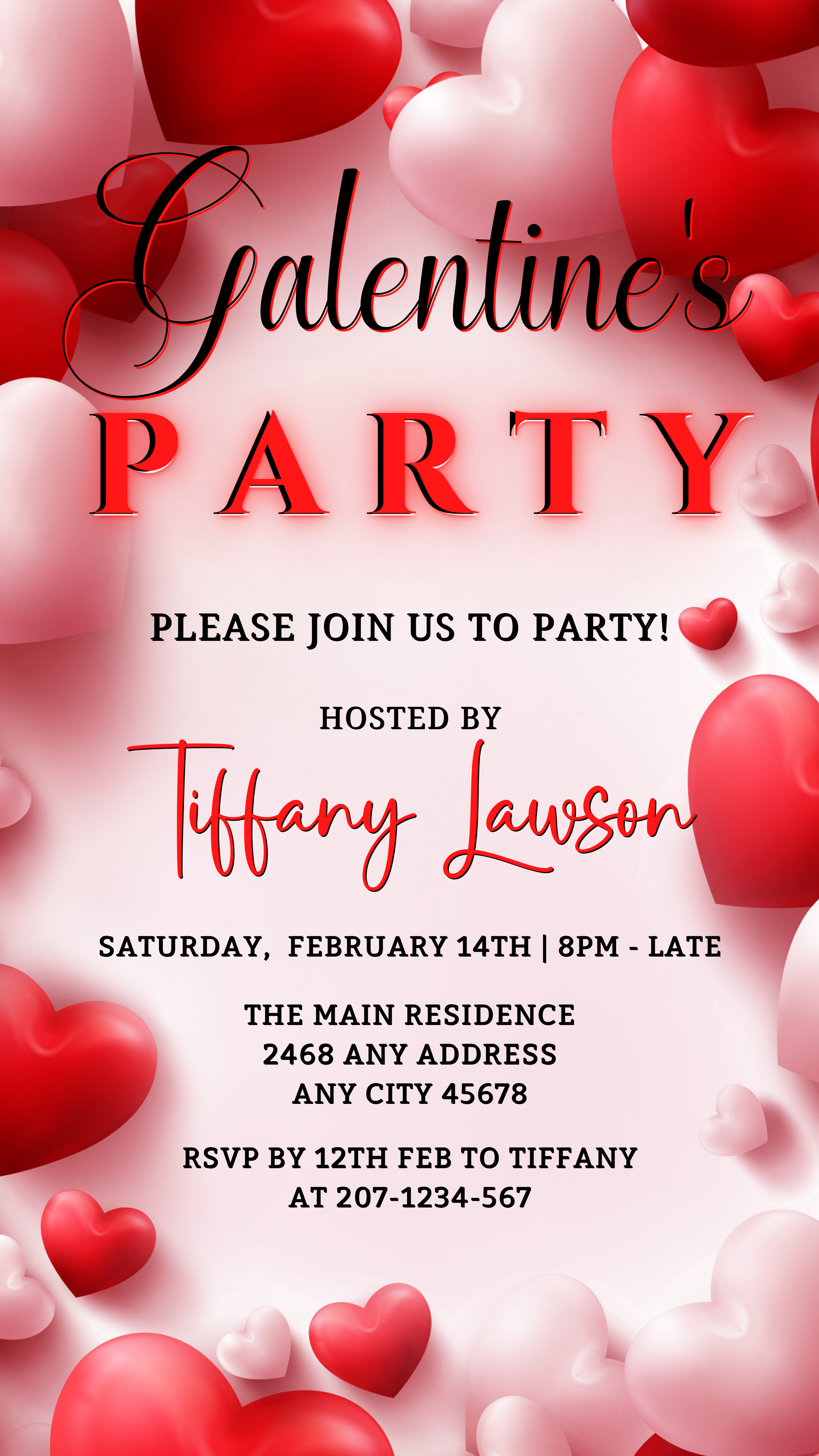 White and red heart-shaped digital invitation for Galentine's Party, customizable with Canva. Download, personalize, and send via text, email, or messaging apps.