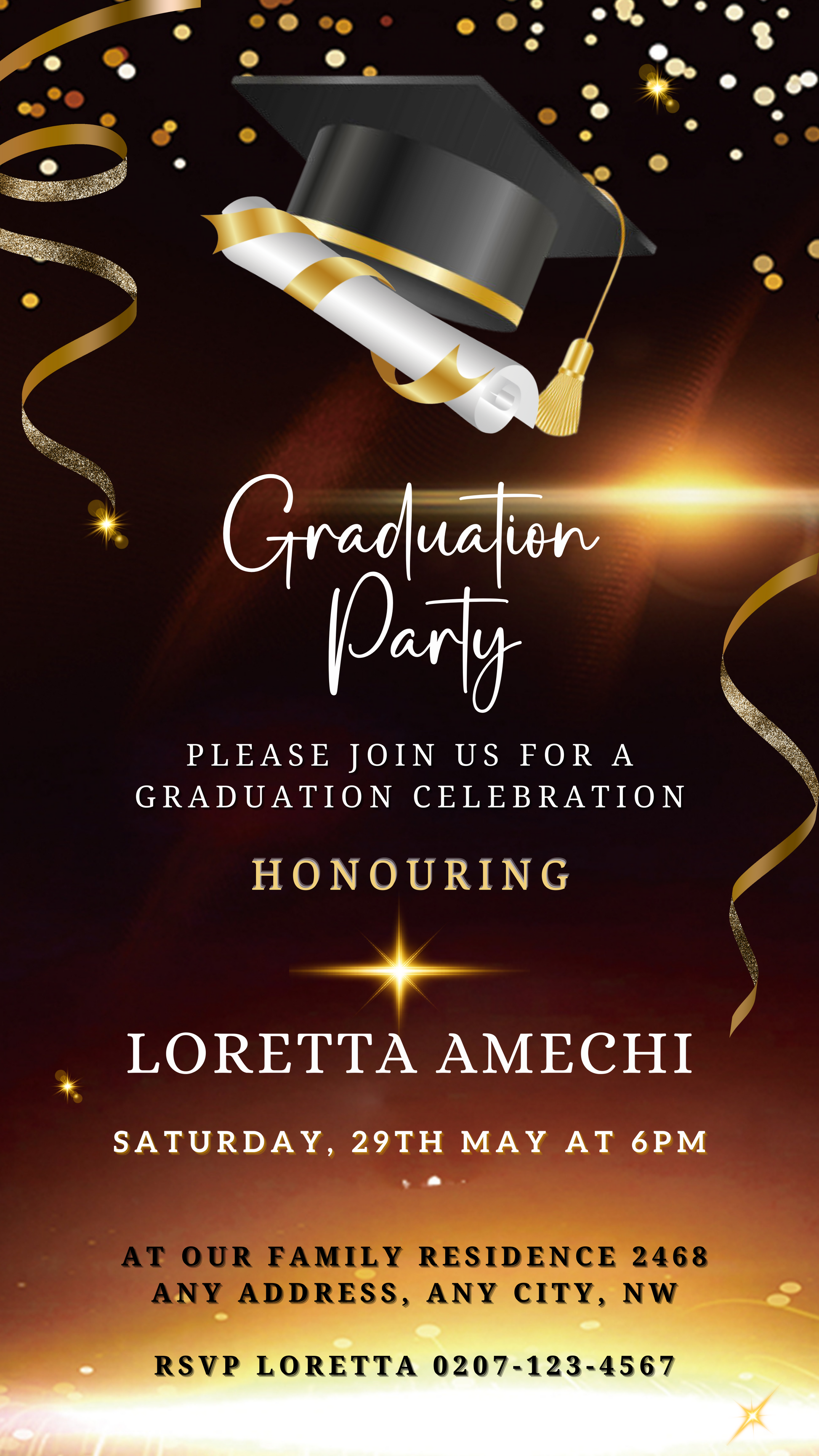 Elegant Brown & Gold Graduation Party Invitation featuring a cap, diploma, and gold ribbons, customizable via Canva for personalized celebrations.