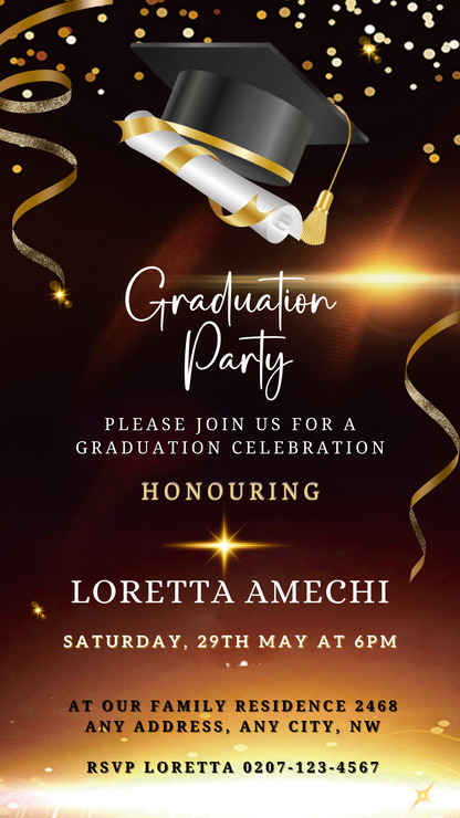 Elegant Brown & Gold Graduation Party Invitation featuring a cap, diploma, and gold ribbons, customizable via Canva for personalized celebrations.