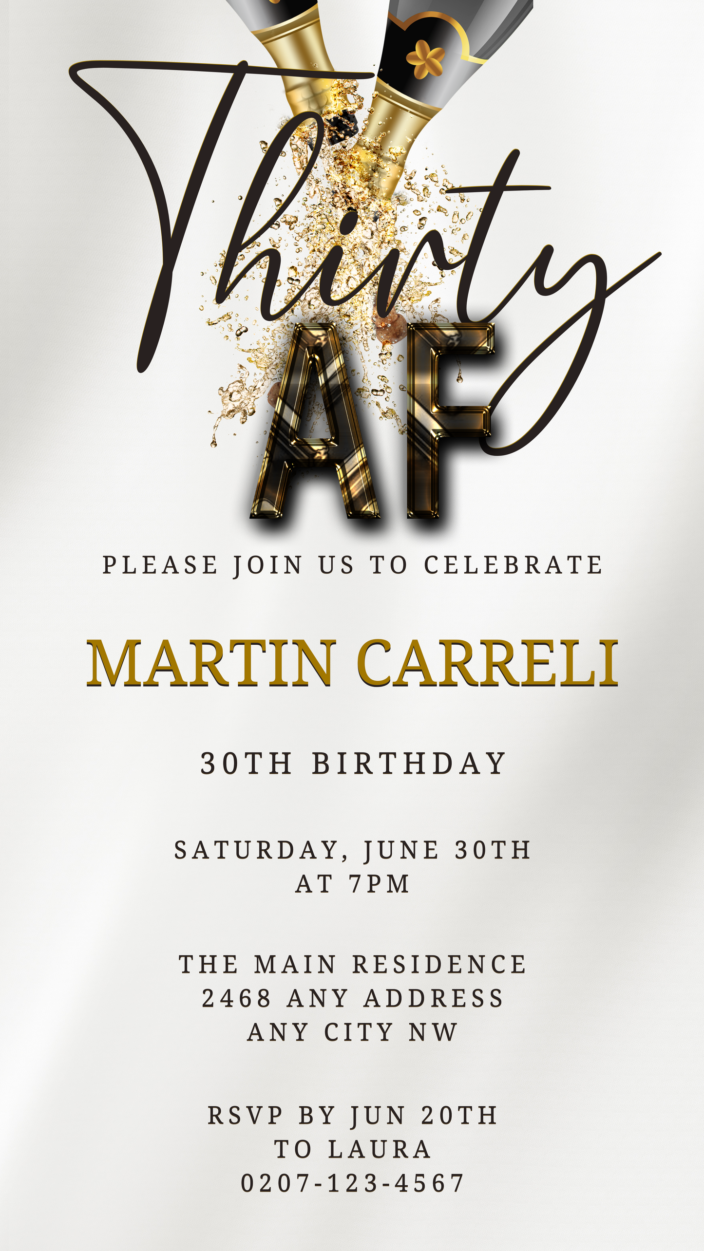 White Gold Champagne | Thirty AF Party Evite: Customizable digital invitation with gold accents and editable text for birthdays, instantly downloadable for smartphones via Canva.