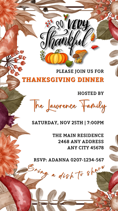 Autumn Leaves Themed Thanksgiving Dinner Evite featuring editable flowers, leaves, and pumpkins. Customizable with Canva for digital and printable formats.