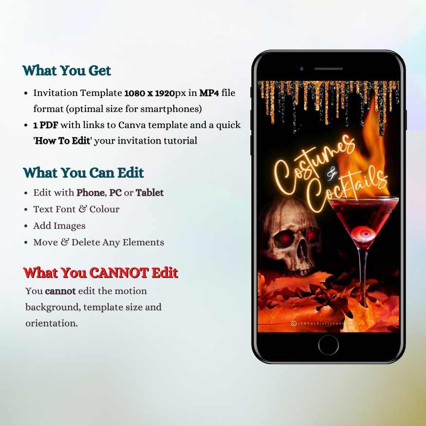 Costumes & Cocktails Halloween Video Invitation showcasing a spooky animated scene with dripping gold glitter, a skull, and a cocktail glass; editable via Canva.
