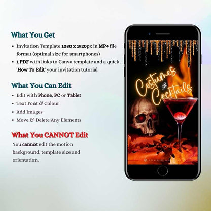 Costumes & Cocktails Halloween Video Invitation showcasing a spooky animated scene with dripping gold glitter, a skull, and a cocktail glass; editable via Canva.