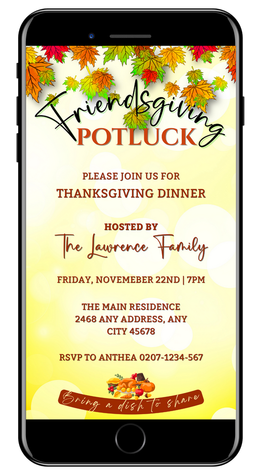 Cell phone displaying a Friendsgiving Potluck Autumn Leaves Thanksgiving Dinner Evite, showcasing a customizable digital invitation template from URCordiallyInvited.