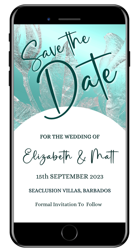 Teal White Silver Flowers Save The Date Evite displayed on a smartphone screen, showcasing a wedding invitation template for digital customization and sharing.