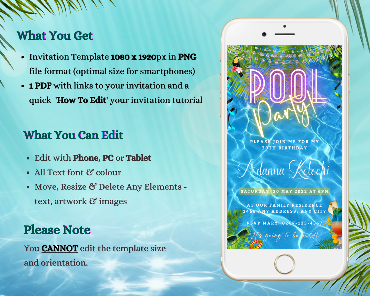 Cellphone displaying a customizable Birthday Pool Party digital invite template for easy personalization and electronic sharing.