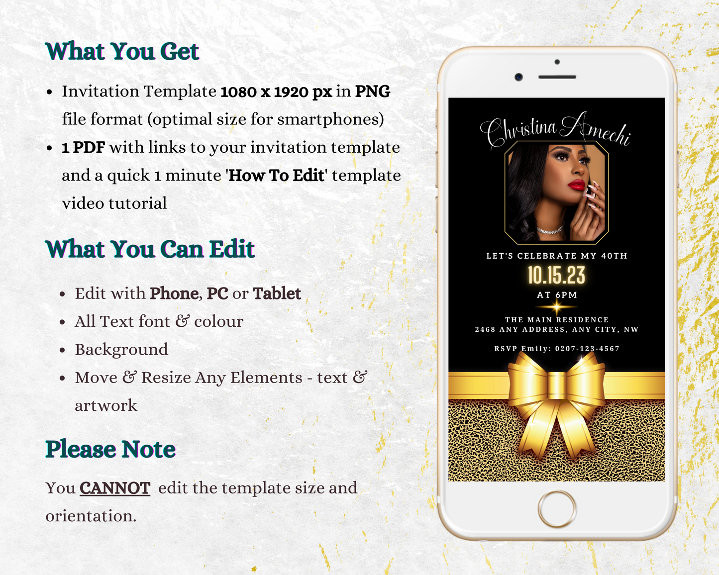 White cell phone displaying a customizable 40th birthday evite with a woman's photo for URCordiallyInvited.