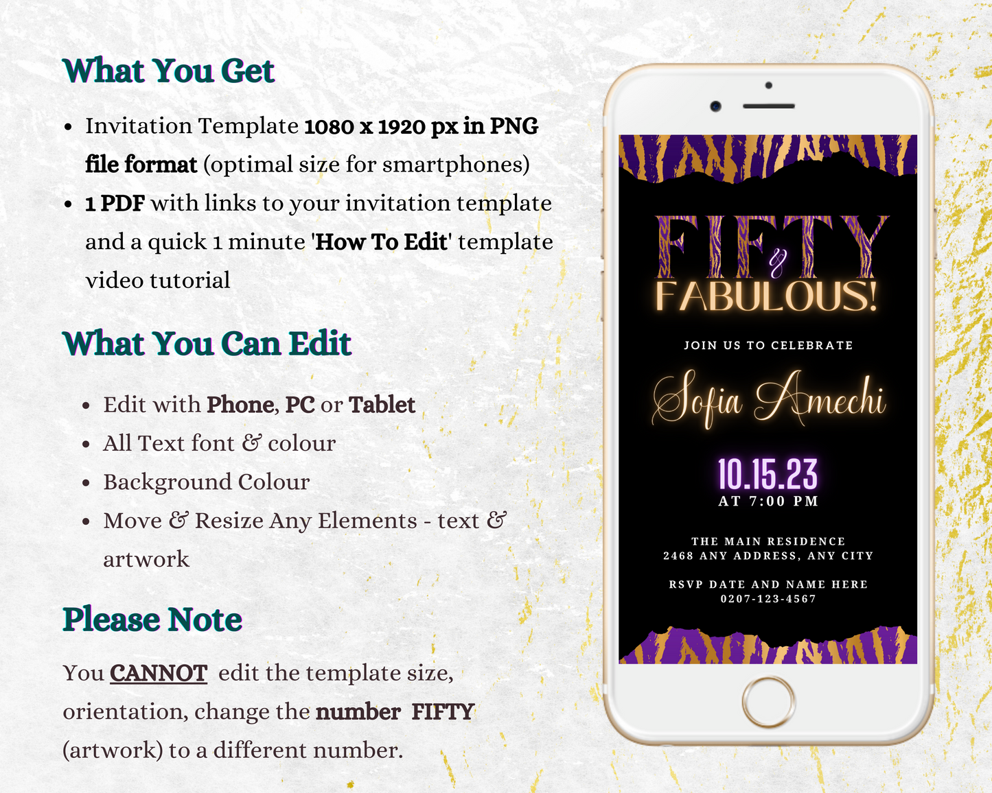 Customizable Digital Invitation for a Fifty & Fabulous party, displaying Neon Gold Purple Tiger theme on a smartphone screen, editable via Canva.