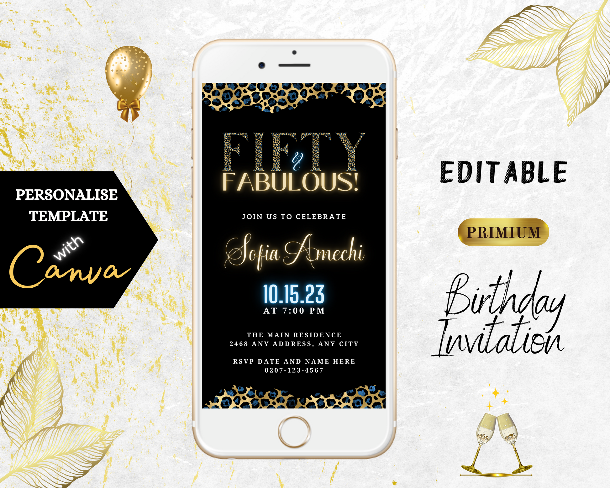 Gold Neon Blue Leopard | Fifty & Fabulous Party Evite displayed on a smartphone screen, featuring customizable text and design elements for personalizing event details.