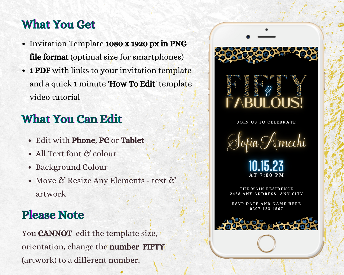 Customizable Gold Neon Blue Leopard Fifty & Fabulous Party Evite displayed on a smartphone screen, showcasing a black and gold cheetah print design.