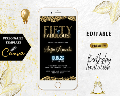 Digital invitation template featuring an elegant gold and black design for a Fifty & Fabulous party, customizable using Canva on smartphones.