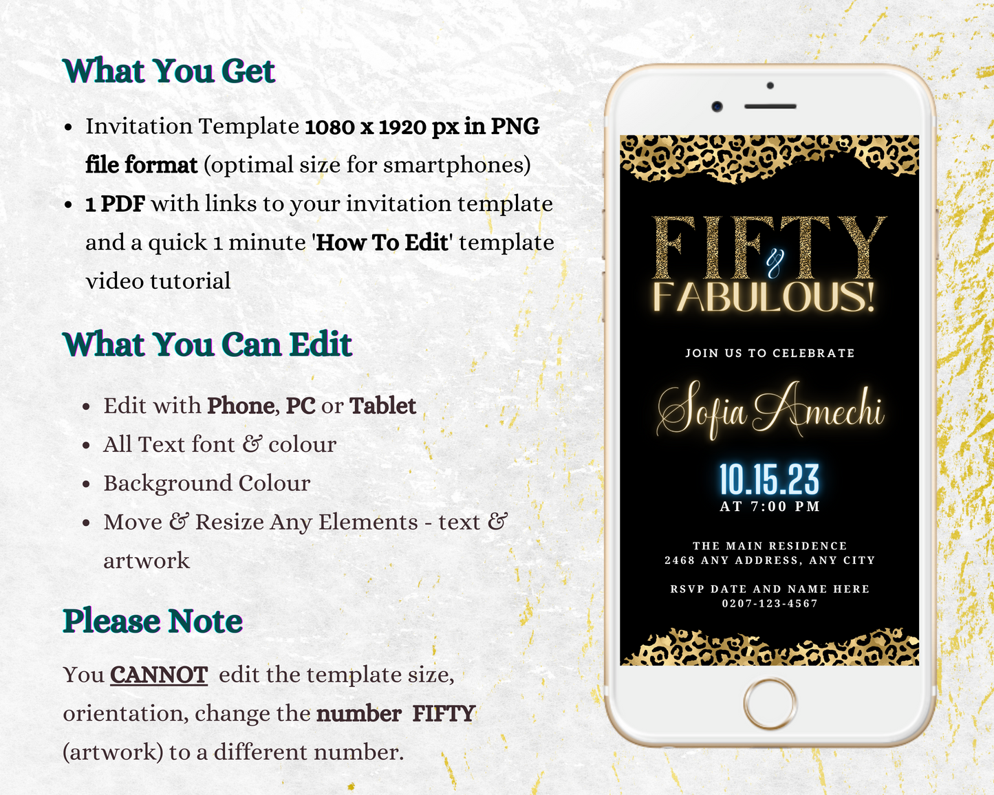 Customizable digital invitation for a Fifty & Fabulous party, featuring elegant gold neon and black leopard design, displayed on a smartphone screen.