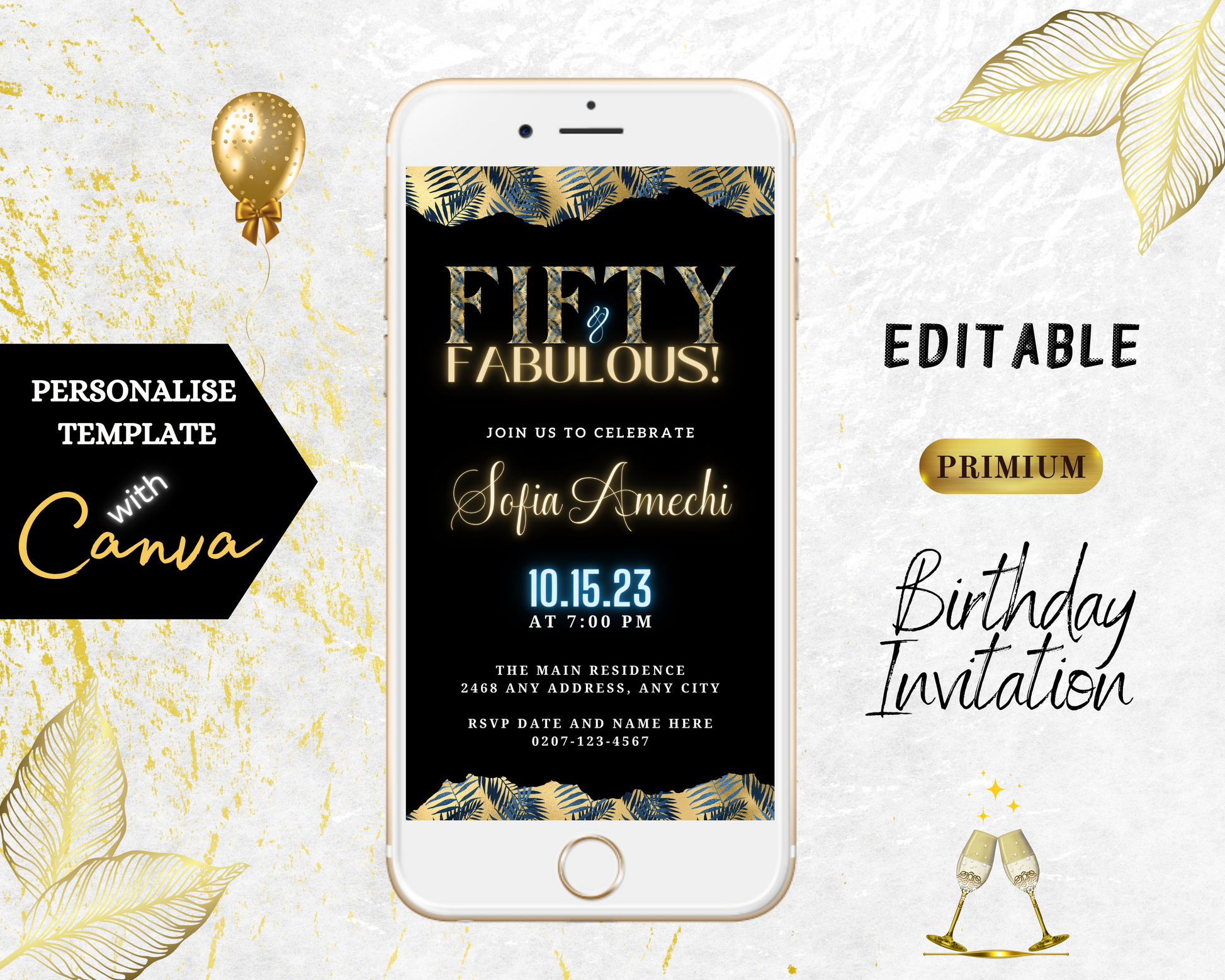 Gold Neon Tropical | Fifty & Fabulous Party Evite displayed on a smartphone, featuring customizable text and design elements for digital invitations.