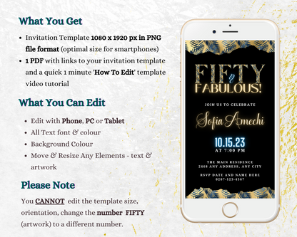 Gold Neon Tropical | Fifty & Fabulous Party Evite displayed on a smartphone, showcasing editable digital invitation text and design elements.