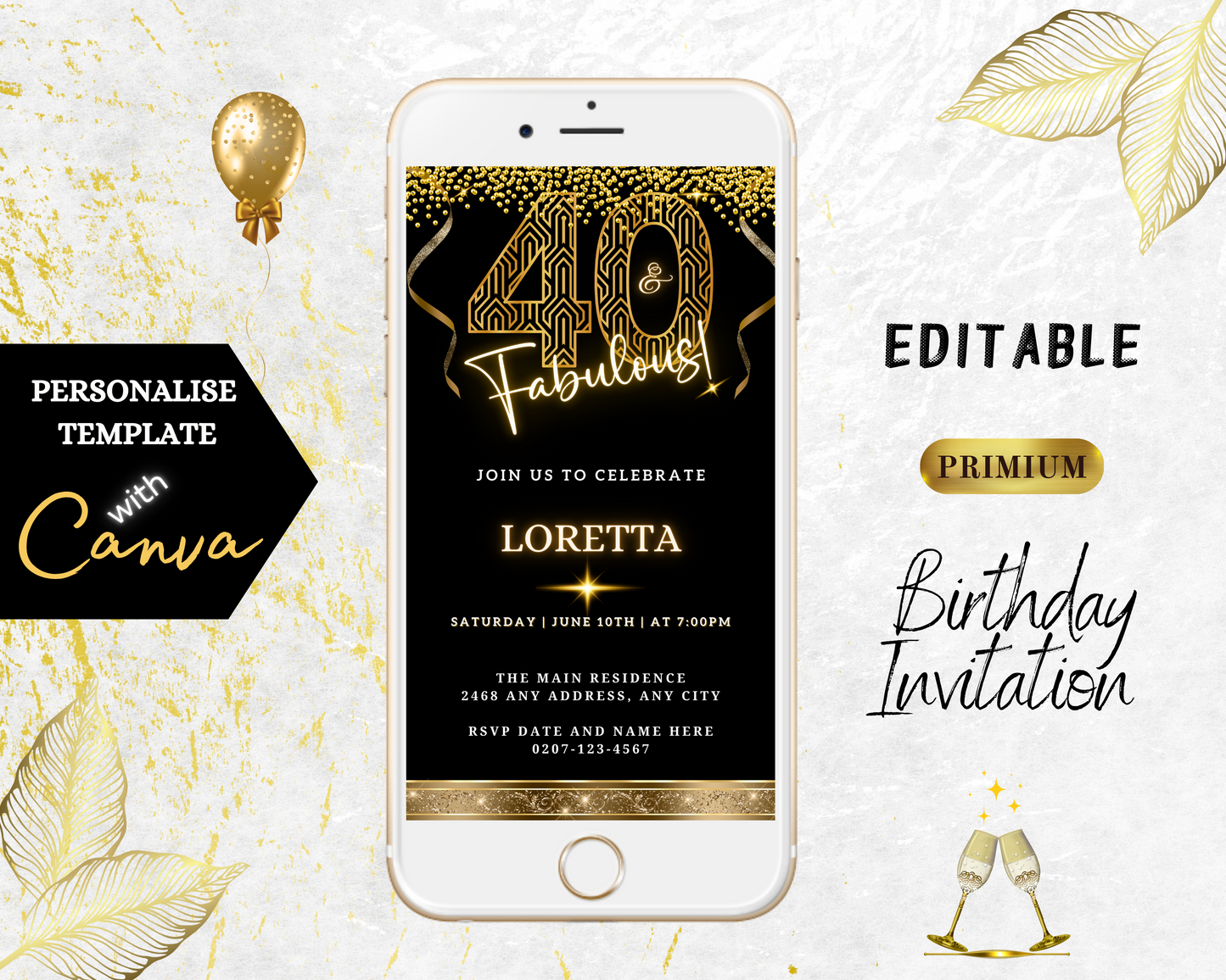 Editable Digital Gold Neon Glitter Black 40 & Fabulous Party Evite displayed on a smartphone screen, with a customizable invitation template for easy personalization using Canva.