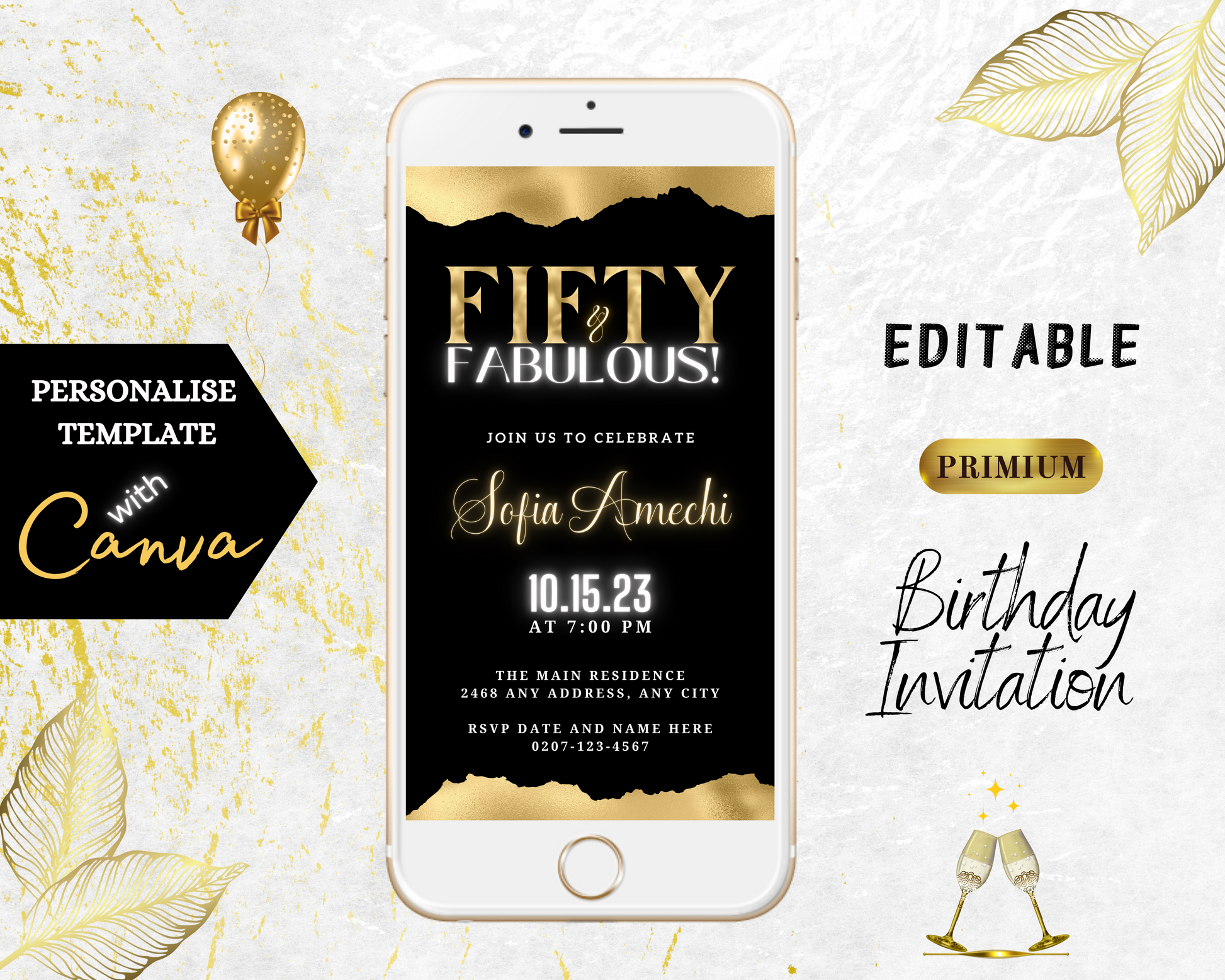 Phone displaying a customizable digital black, gold, and white Fifty & Fabulous party evite template with editable text using Canva.