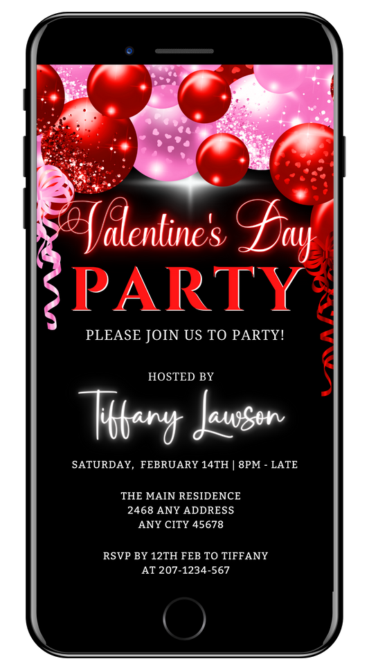 Editable digital invitation featuring neon red and pink balloons, designed for Valentine's Day parties. Customizable via Canva for smartphone use.