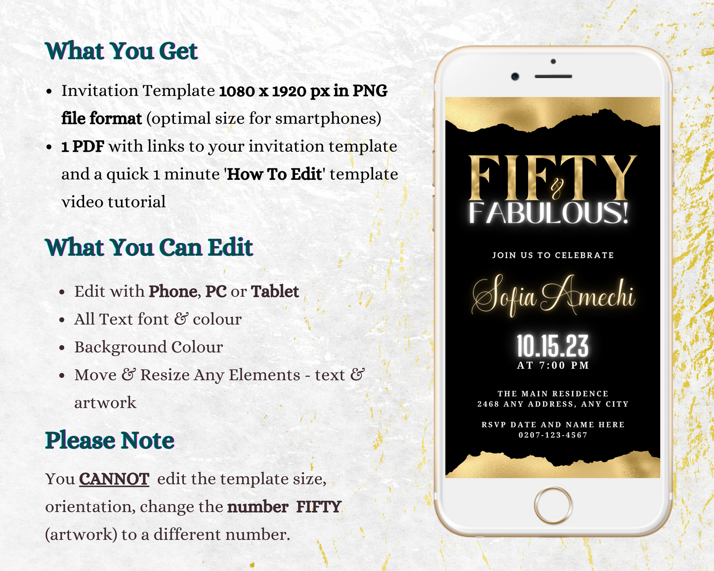 Customisable Digital Black Gold White Neon Fifty & Fabulous Party Evite displayed on a smartphone screen, ready for personalization using Canva.