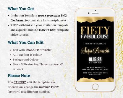 Customisable Digital Black Gold White Neon Fifty & Fabulous Party Evite displayed on a smartphone screen, ready for personalization using Canva.
