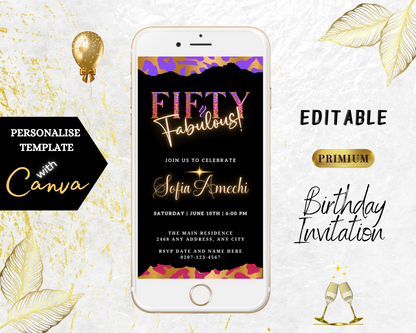Customizable Digital Purple Pink Gold Neon | Fifty & Fabulous Party Evite displayed on a smartphone screen, highlighting editable text and design elements for a personalized invitation.