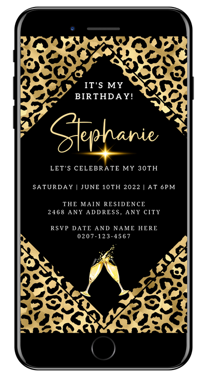 Editable Digital Gold Black Leopard Animal Print Party Evite displayed on a smartphone screen with champagne glasses nearby.