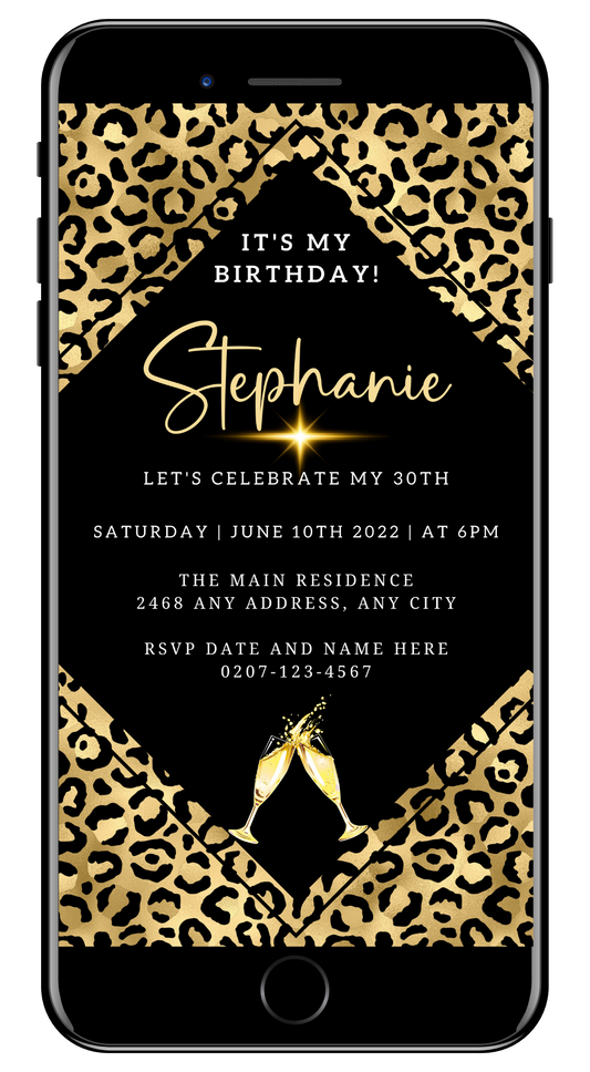 Editable Digital Gold Black Leopard Animal Print Party Evite displayed on a smartphone screen with champagne glasses nearby.