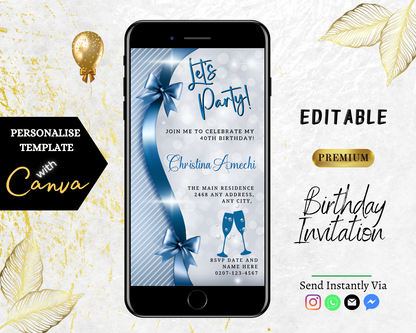 Cell phone with a blue bow displaying the Blue Silver Bow Sparkle | Editable Birthday Evite template for customization in Canva.