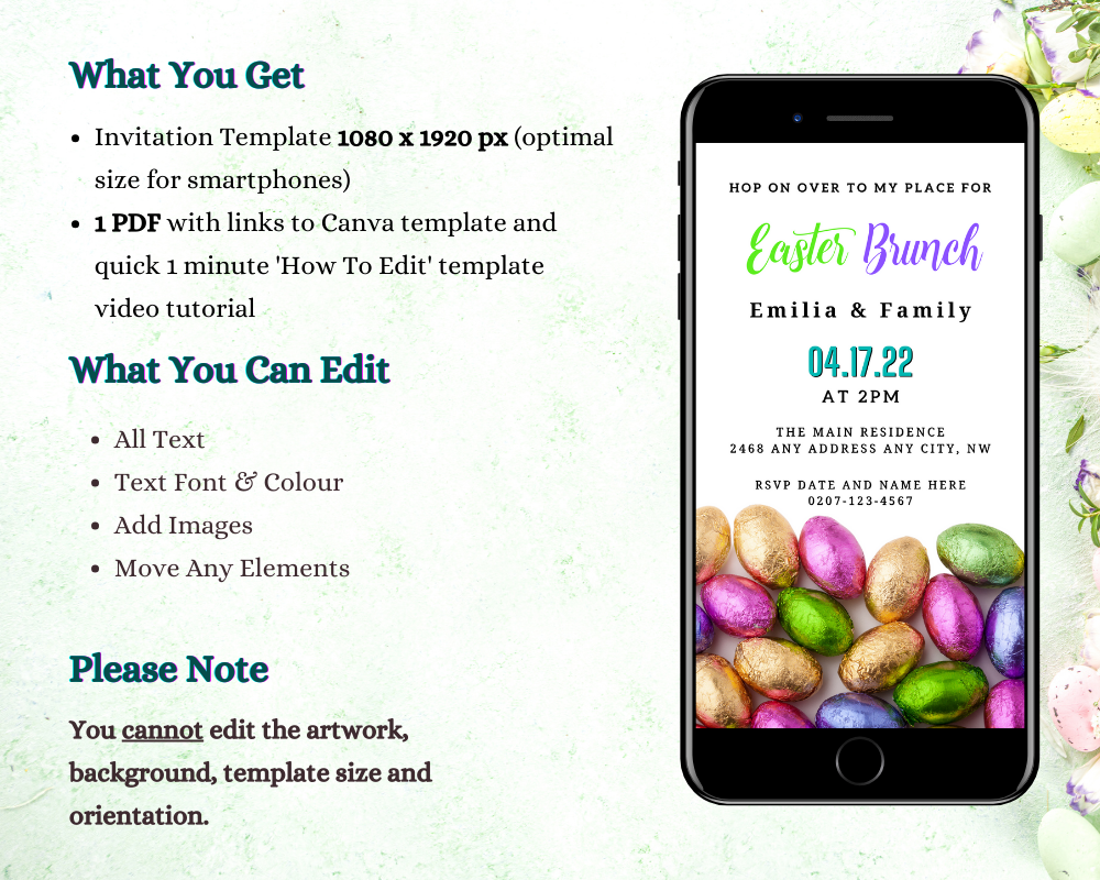 Cell phone displaying a digital invitation with colorful assorted chocolate Easter eggs for an Easter Brunch event.