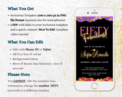Purple Pink Gold Neon | Fifty & Fabulous Party Evite displayed on a smartphone screen, showcasing customizable text and event details.