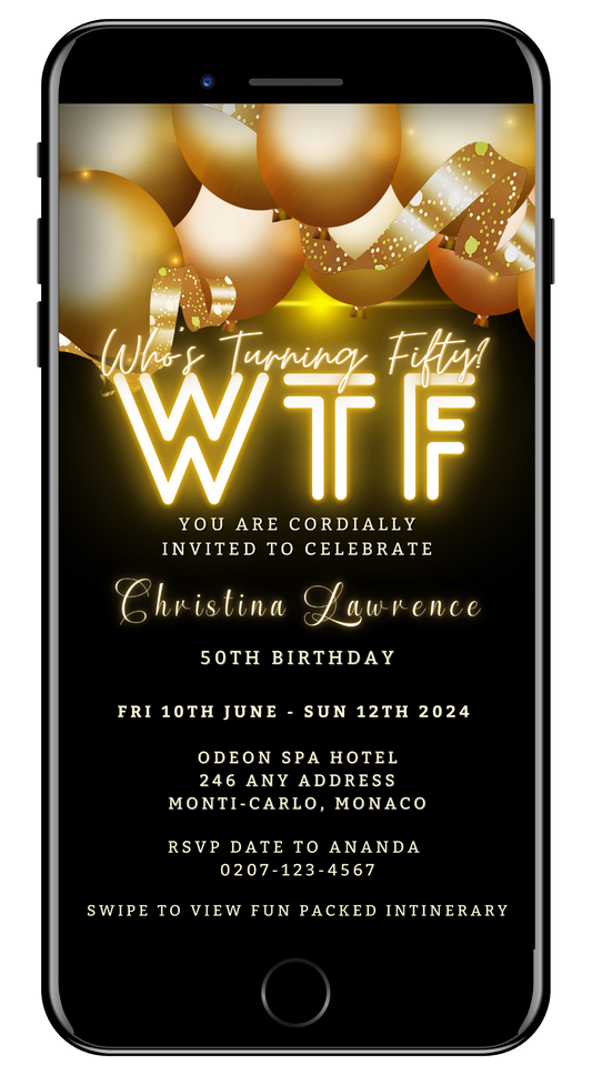 Customisable Black Neon Gold Floating Balloons | WTFifty Weekend Evite displayed on a smartphone screen, featuring celebratory balloons and editable text.